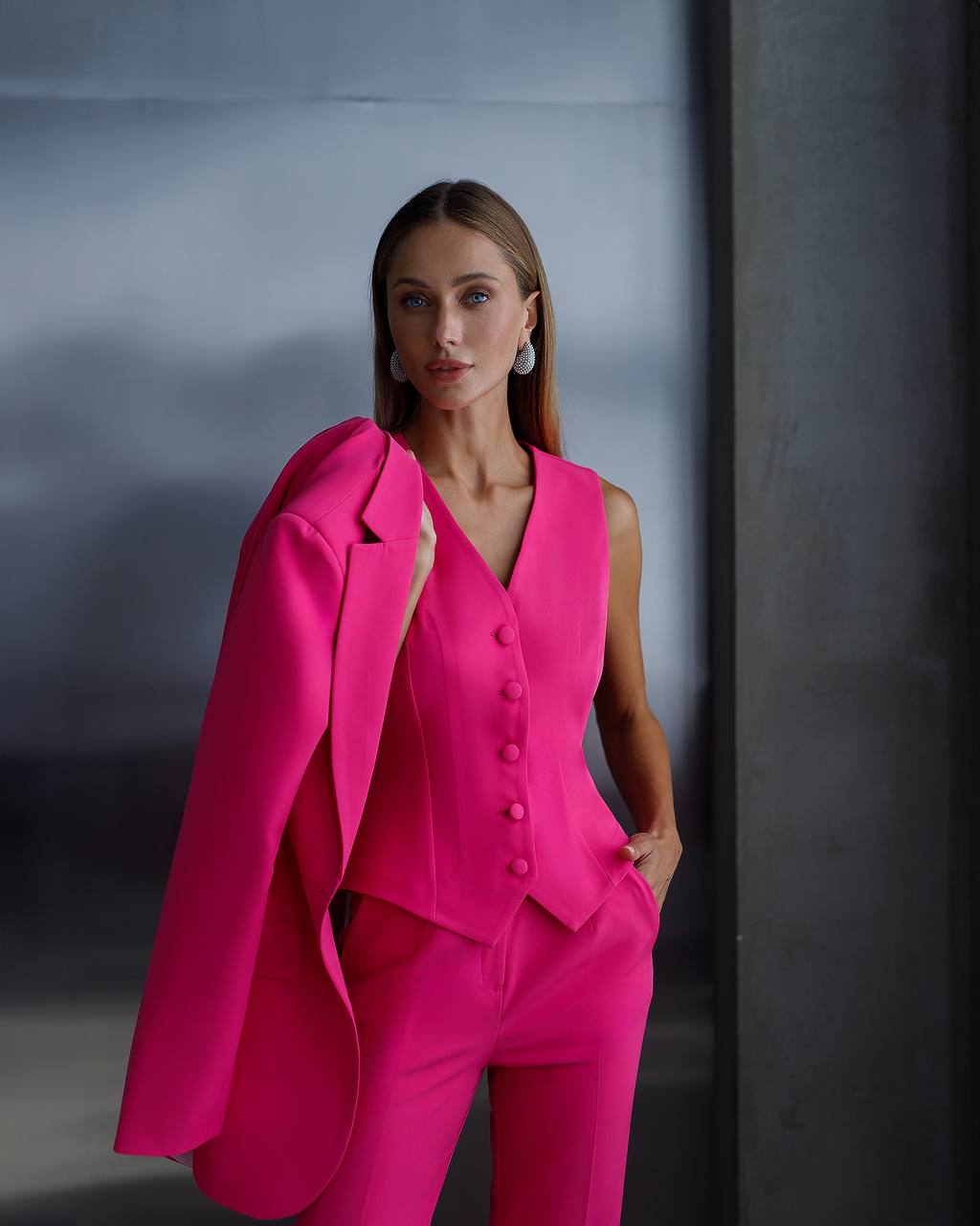 Womens Three Piece Suit with Vest in Vibrant Pink Diagonal Crepe