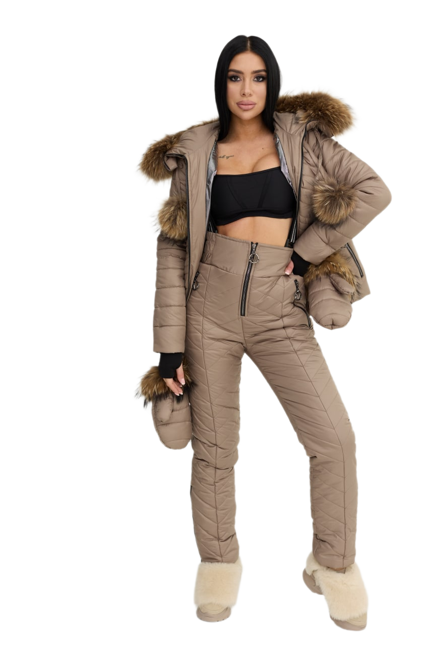 Womens Winter Warm Ski Snowboarding Suit Jacket and Pants with Natural Raccoon Fur