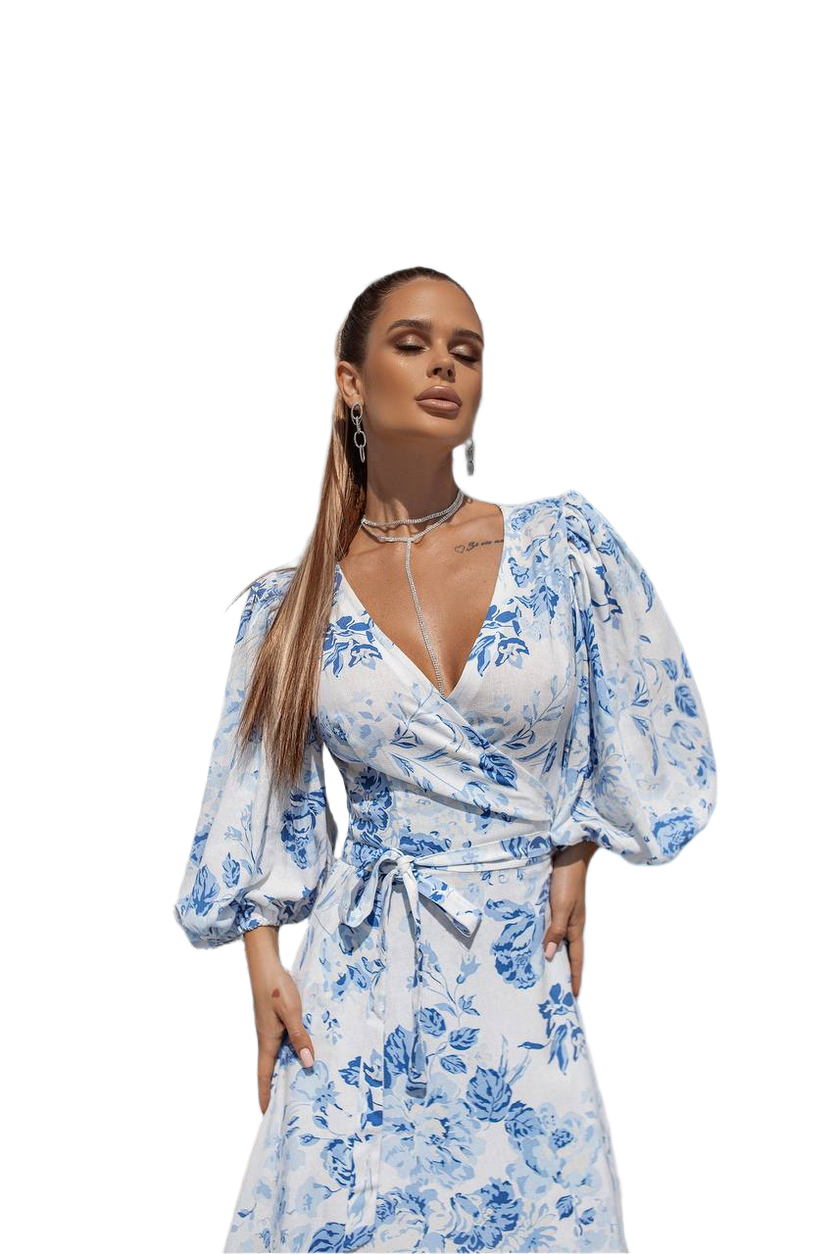 Woman wearing a blue floral dress on a white background