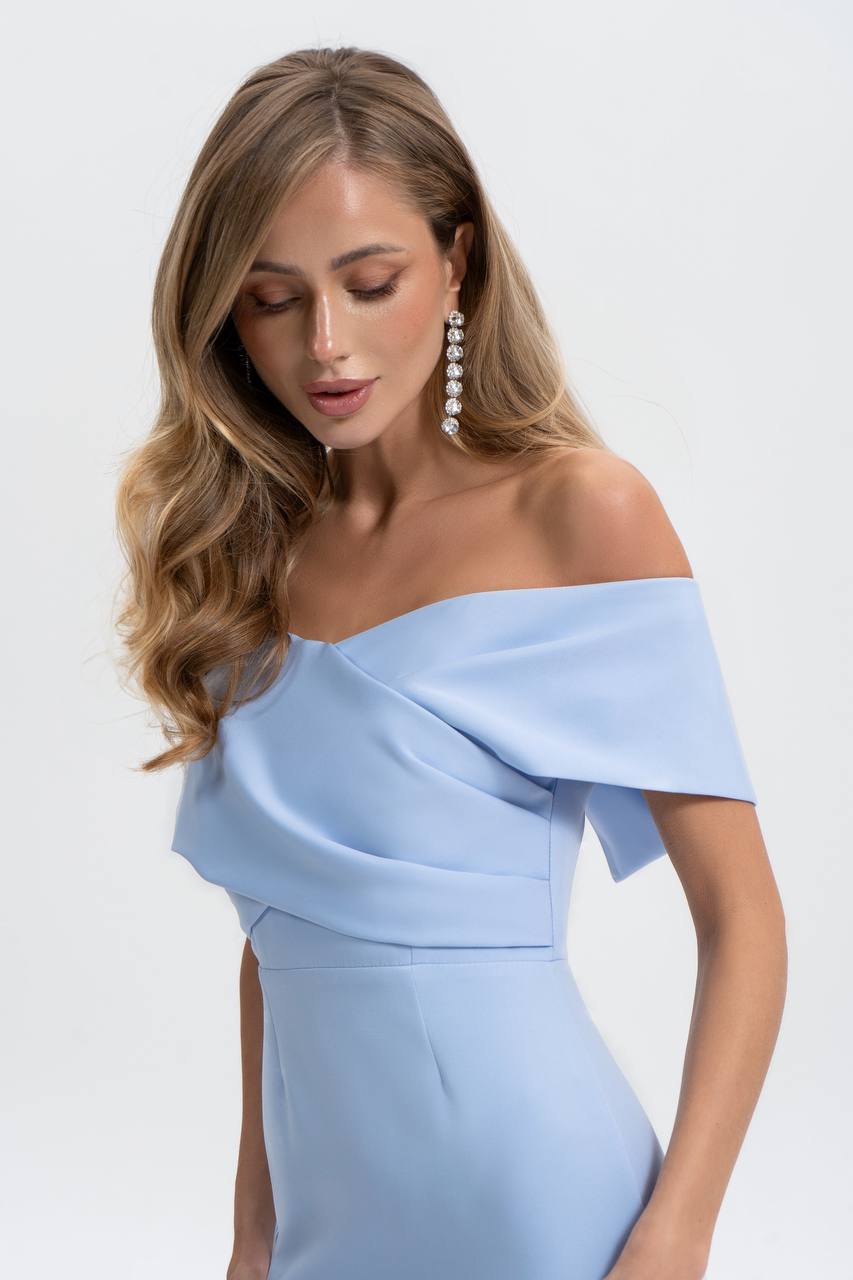 Woman wearing a light blue off-shoulder dress on a white background