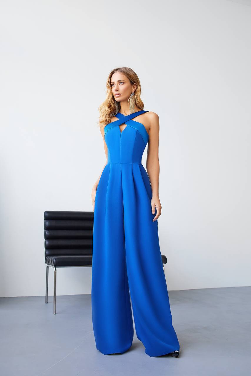 Electra Women's Jumpsuit in Blue with Satin Cross Straps