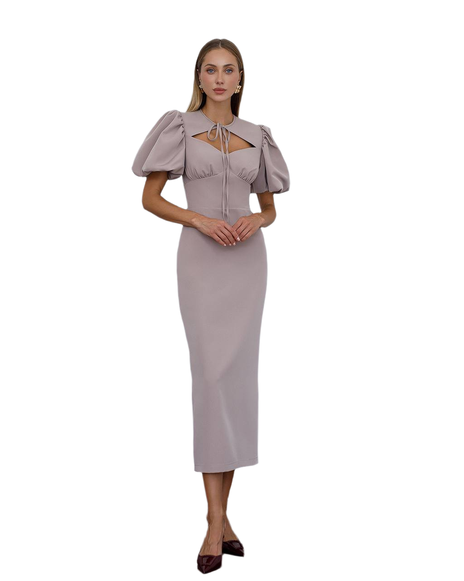 Elegant Midi Dress with Puff Sleeves and Cutout Detail