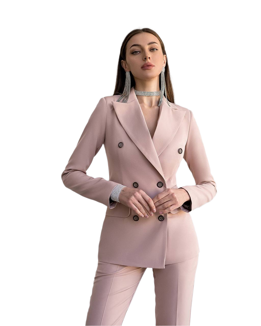 Woman wearing a pink suit on a white background