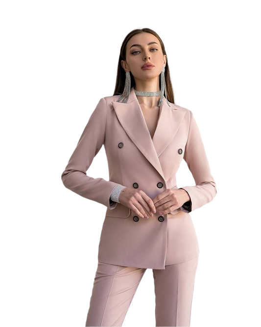 Woman wearing a pink suit on a white background