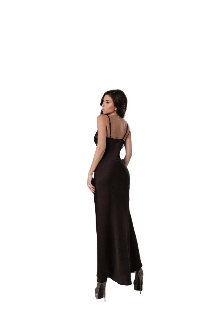 Woman wearing a black evening gown on a white background