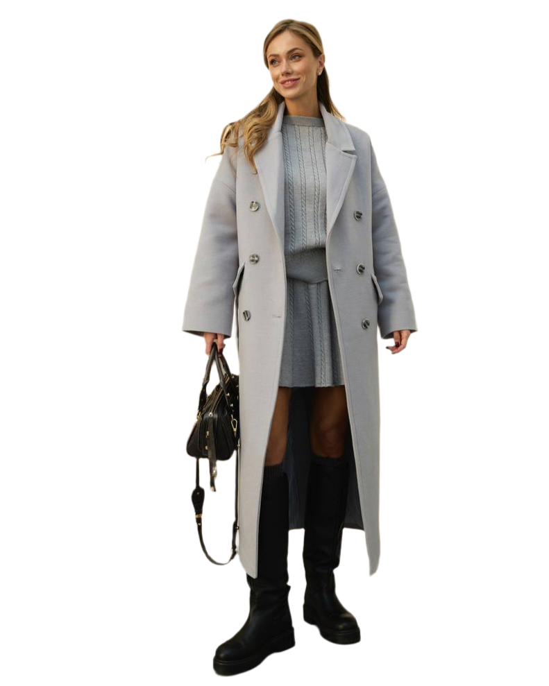 Yuliana 02 Women's Long Light Grey Coat with Button Fastening