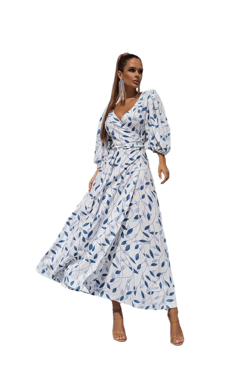 Linen Sundress with Blue Leaf Print Wrap Design for Women