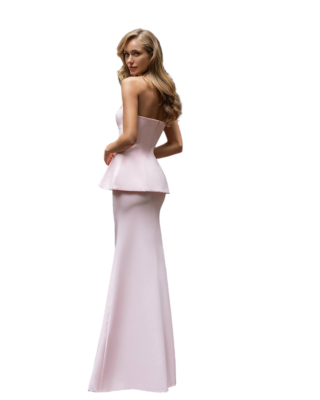 Woman wearing a strapless pink evening gown on a white background