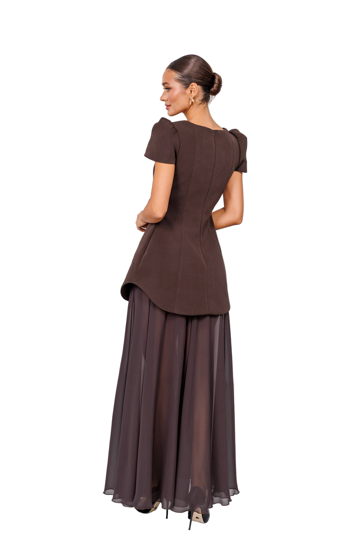 Chocolate Brown Peplum Dress with Chiffon Skirt Diagonal Crepe Evening Gown