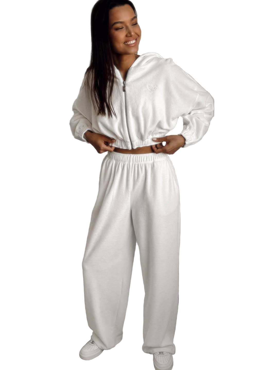 White Velour Tracksuit Embroidered Hoodie Palazzo Pants