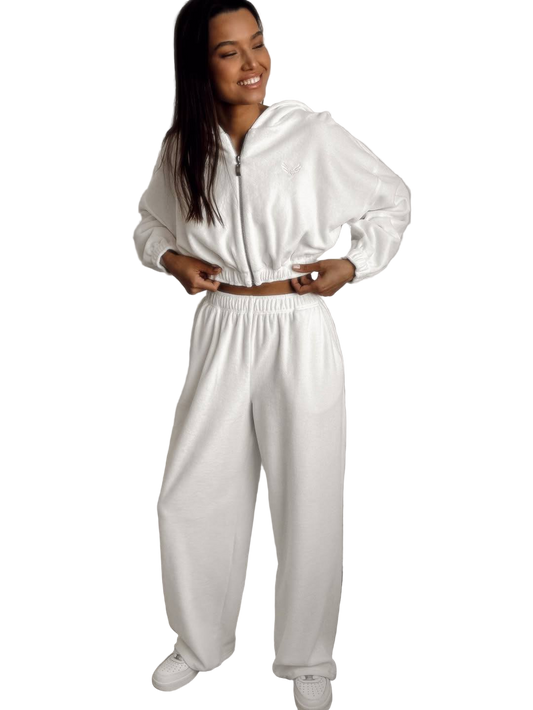 White Velour Tracksuit Embroidered Hoodie Palazzo Pants