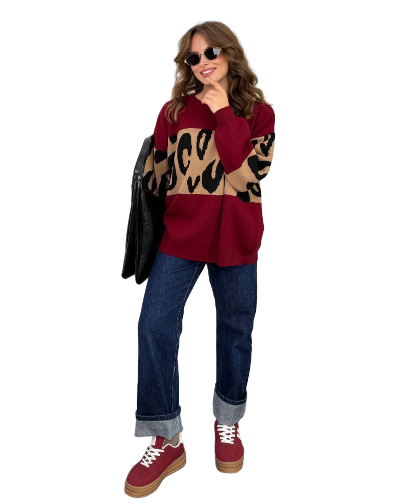Burgundy Oversized Longline Leopard Knit Sweater for Women