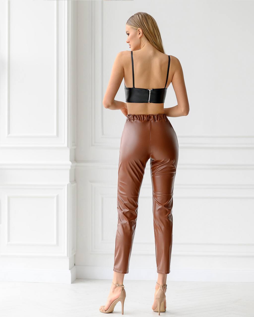 Womens Eco Leather Crop Top Spaghetti Strap