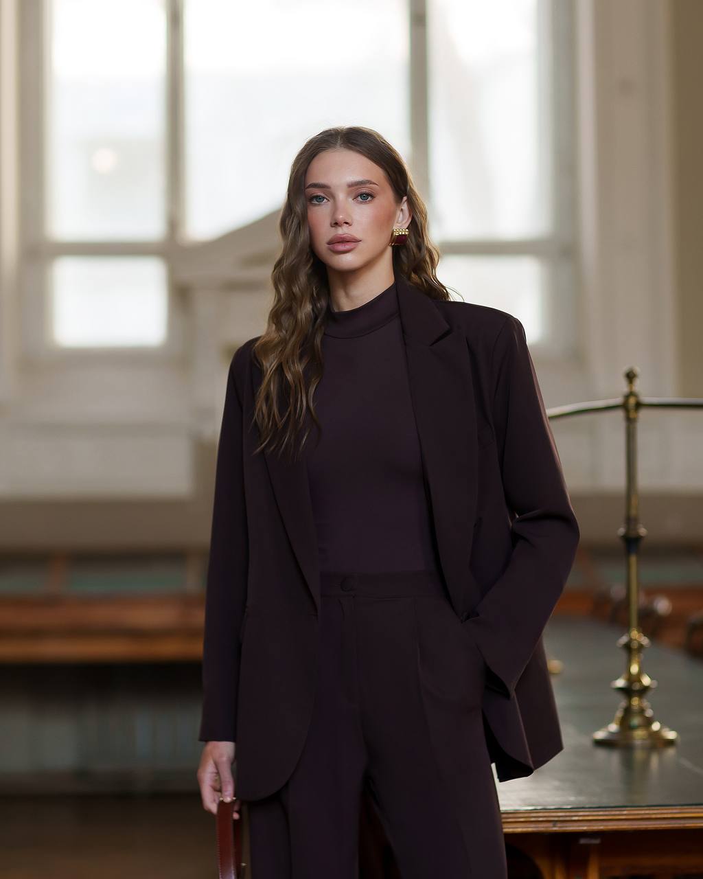 Womens Double Suit Premium Diagonal Crepe Black Chocolate