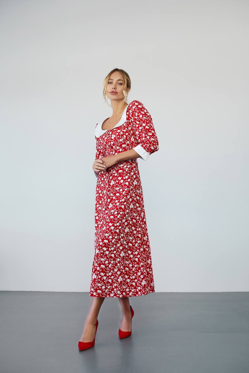 Woman wearing a red floral dress with white background