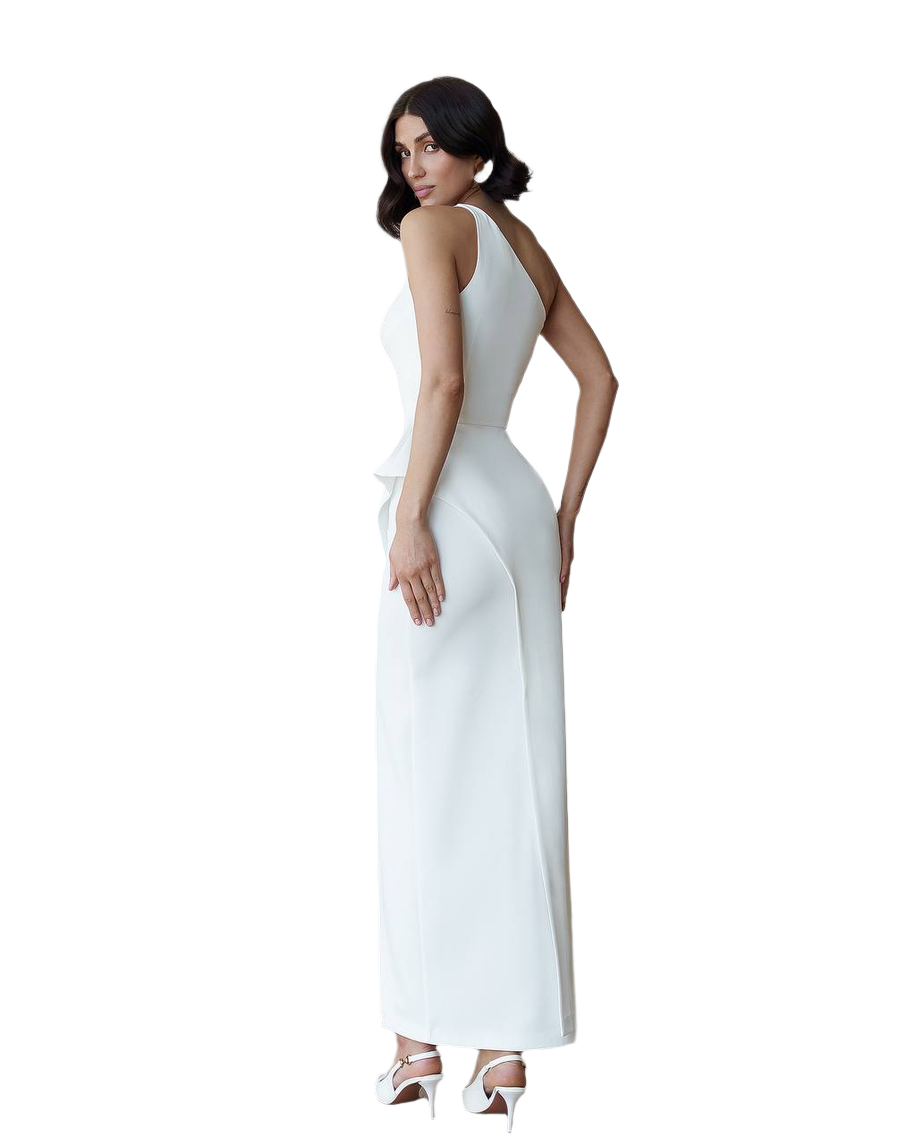 Woman wearing a white one-shoulder gown on a white background