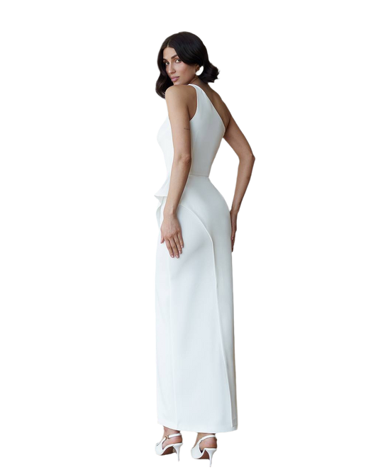 Woman wearing a white one-shoulder gown on a white background