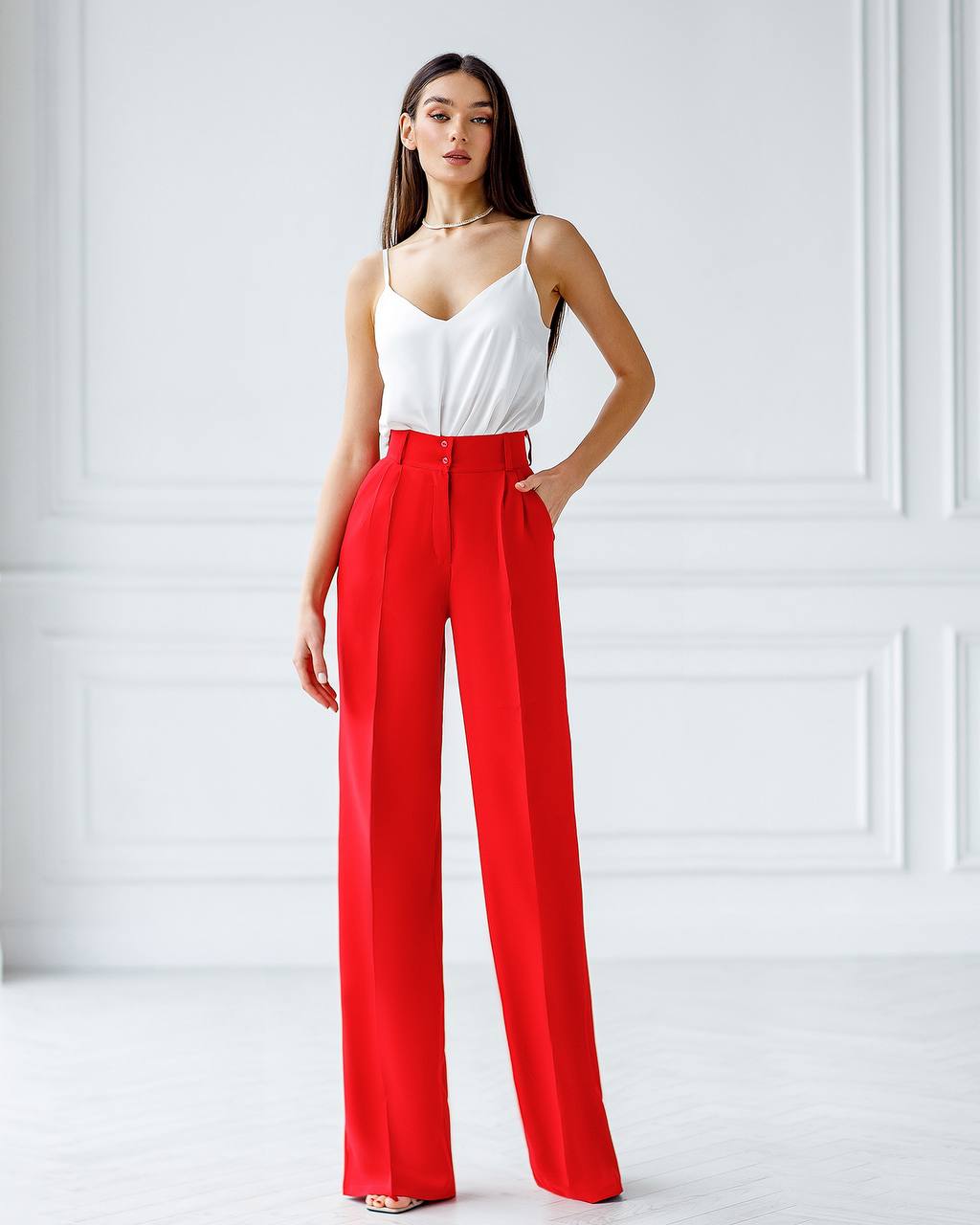 Women's High Waist Wide Leg Trousers in Suiting Crepe Diagonal Fabric