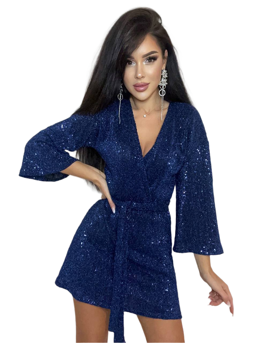 Blue Sequin Stretch Crimped Mini Dress with Belt