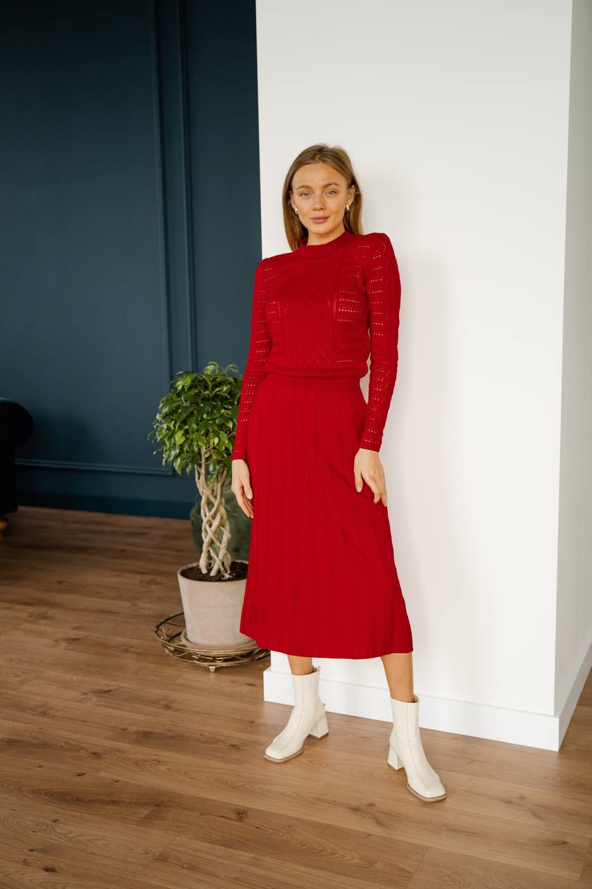 Woman in a red dress standing indoors with a plant and white wall in the background