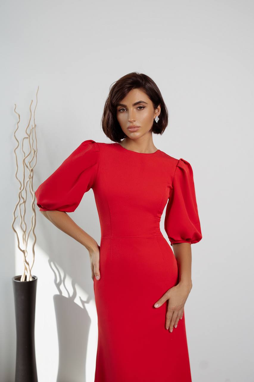 Woman wearing a red dress with puffed sleeves against a white background