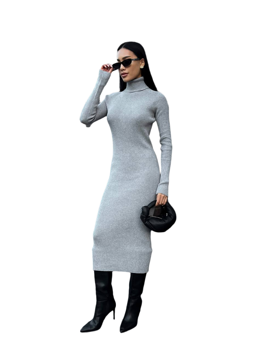 Seamless Knit Midi Dress for Women Long Sleeve Turtleneck
