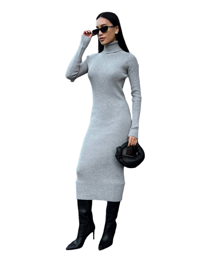 Seamless Knit Midi Dress for Women Long Sleeve Turtleneck