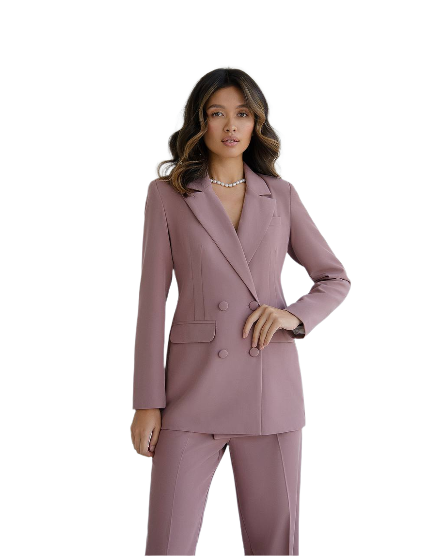 Woman wearing a mauve suit on a white background