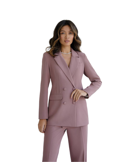 Woman wearing a mauve suit on a white background