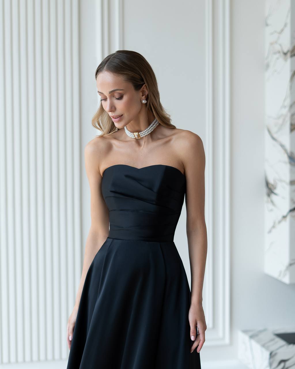 Women's Premium Dense Satin Strapless Midi Dress