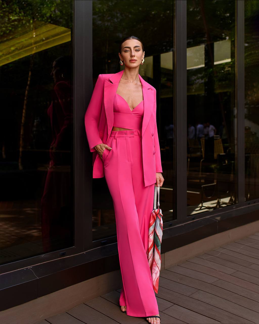 Prom Bridal Wedding Cocktail Graduation Pink Three-Piece Women Suit Jacket Top Trousers Pantsuit Palazzo Pants
