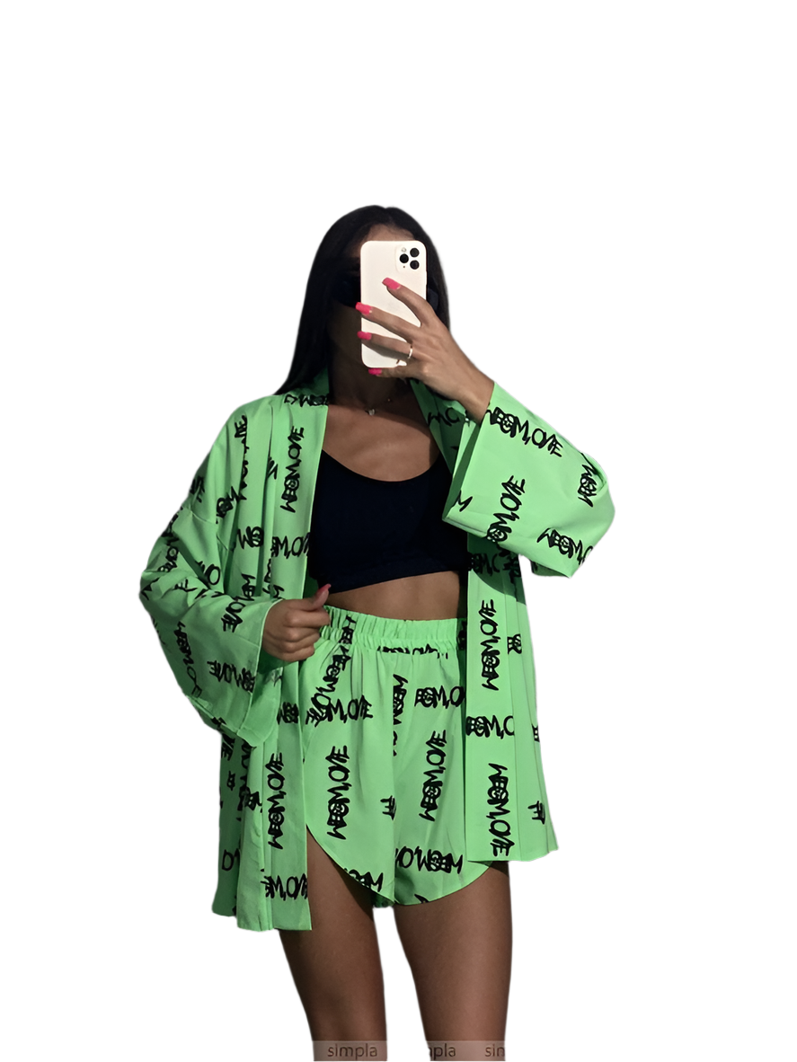 Stylish Green Soft Fabric Two-Piece Set with Elastic Waist Shorts and Belt