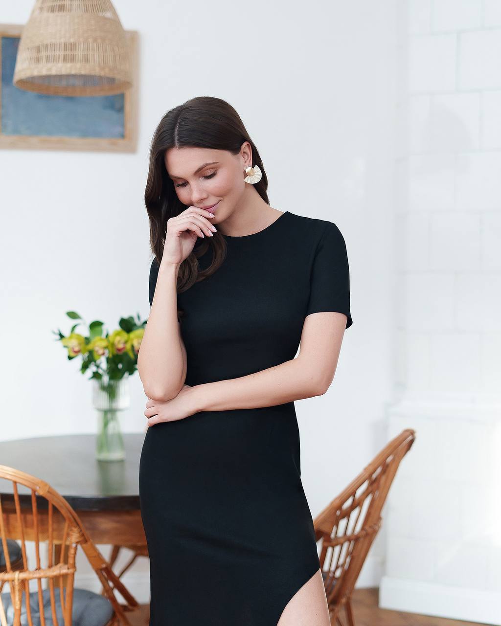 Elegant Black High Slit Midi Dress for Women