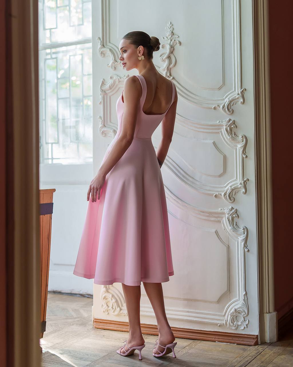 Elegant Pink Midi Dress in Premium Crepe Fabric