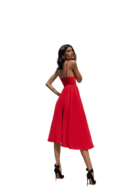 Woman wearing a red dress on a white background