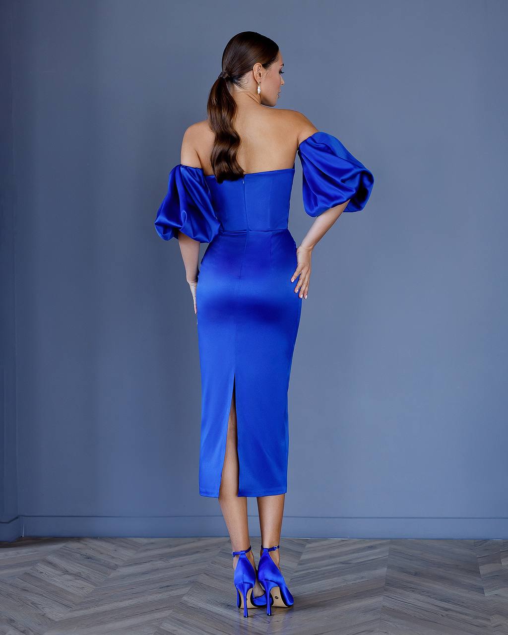 Royal Blue Midi Corset Dress with Puffed Sleeves