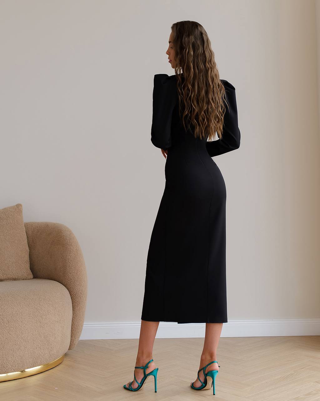 Elegant Black Midi Dress Women Puff Sleeve Crepe Diagonal Fabric