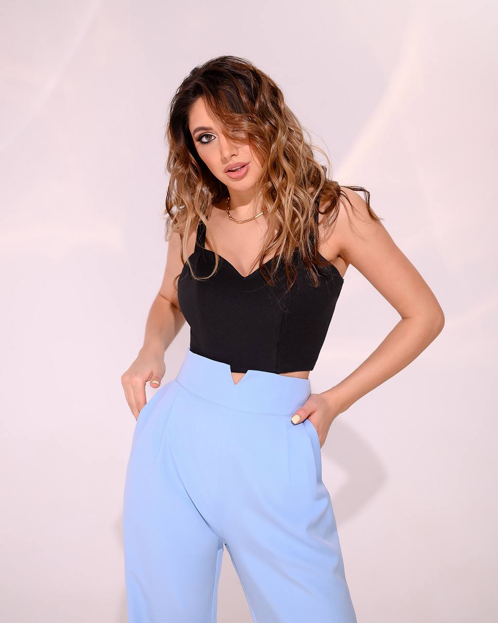 Womens High Waist Suit Crepe Diagonal Pants Available in Cream Black and Blue