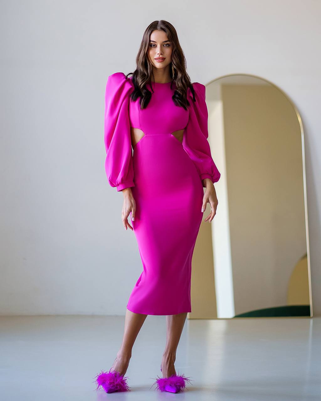 Elegant Midi Dress For Women In Premium Suit Diagonal Fabric