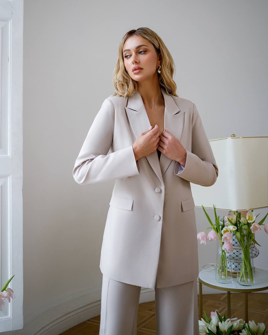 Womens Polished Tiar Lux Fabric Suit Beige Jacket and Pants