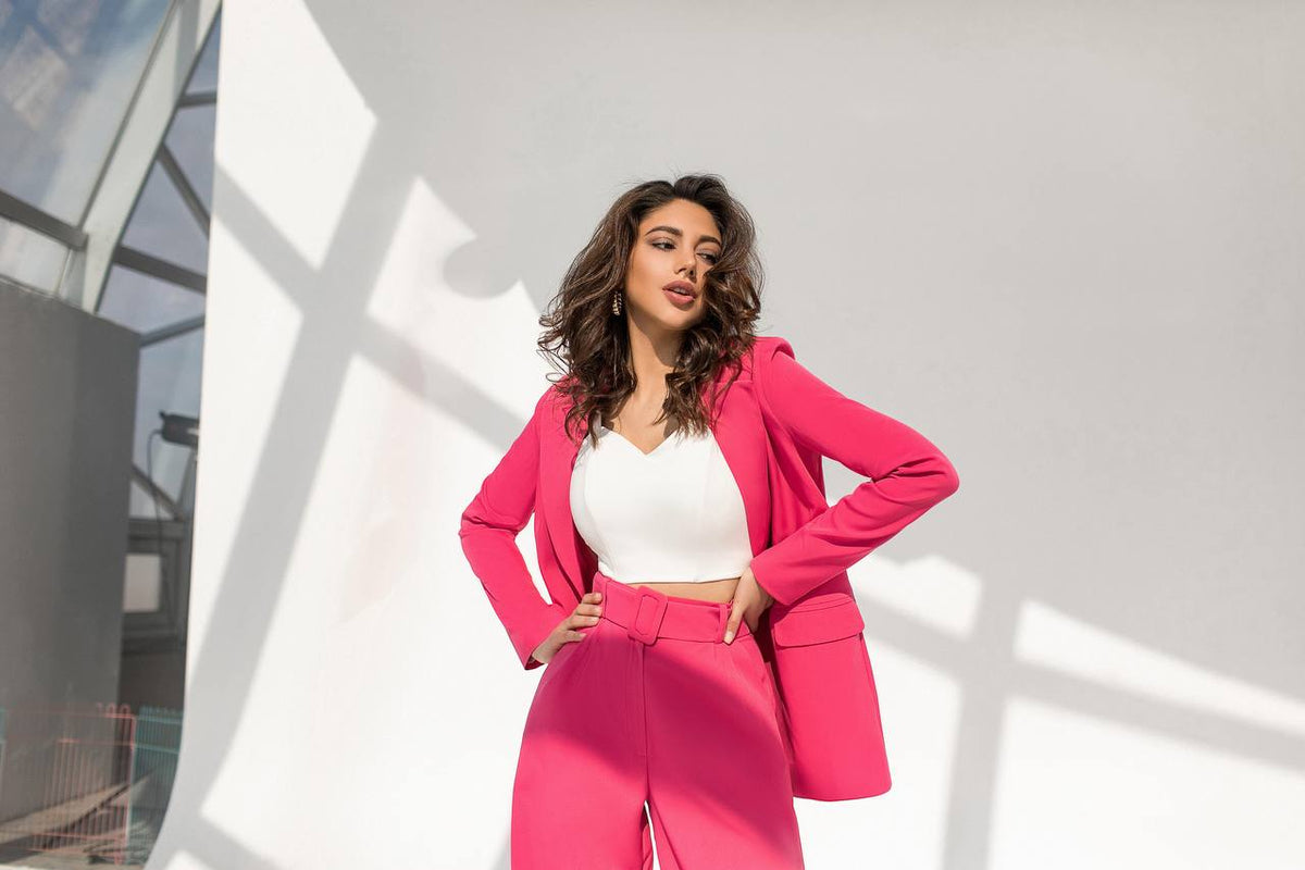 Womens Tailored Blazer and Wide Leg Trouser Suit in Diagonal Suiting Crepe
