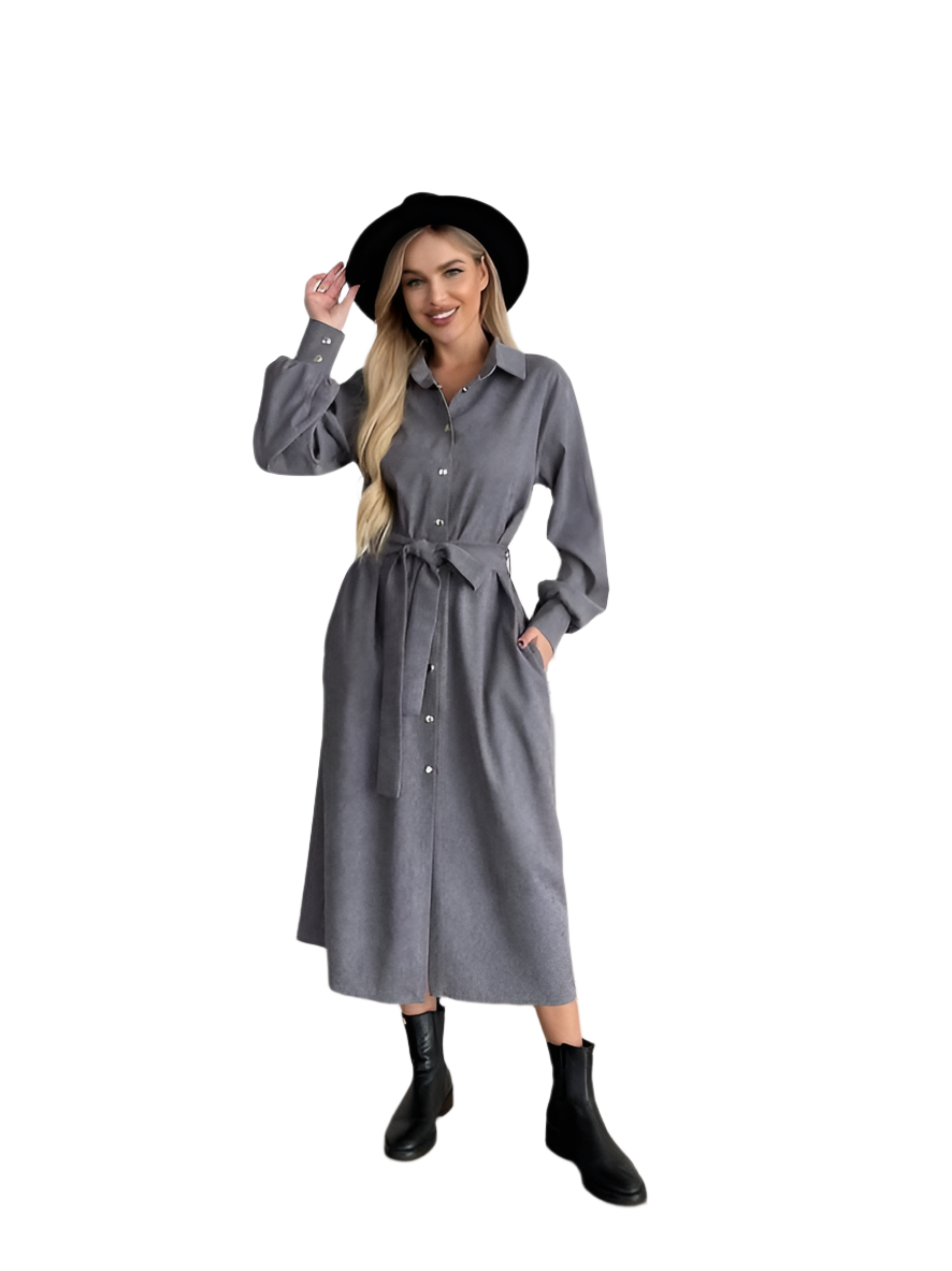 Grey Microvelvet Shirt Dress with Belt and Buttons