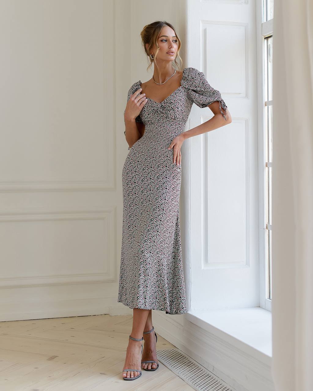 Printed Silk Puff Sleeve Midi Dress for Women