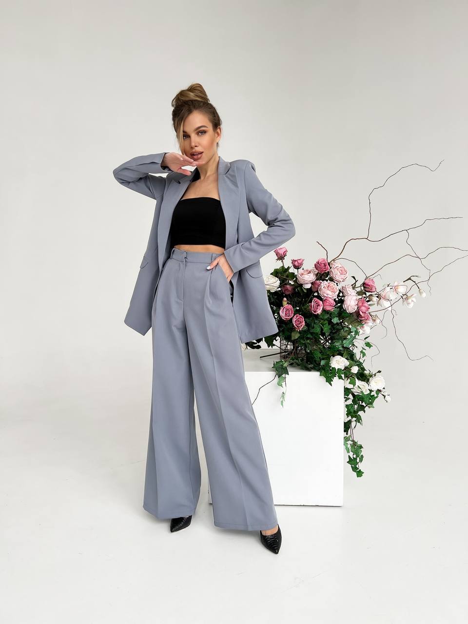 Gray Palazzo Suit Women Diagonal Crepe Tailored Blazer and Wide Leg Trousers