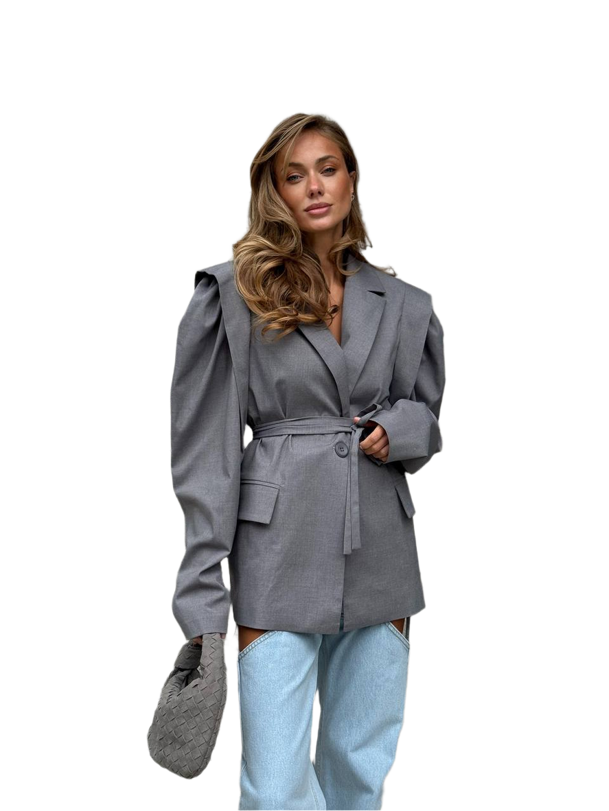 Womens Fitted Grey Blazer with Structured Shoulders and Waist Tie