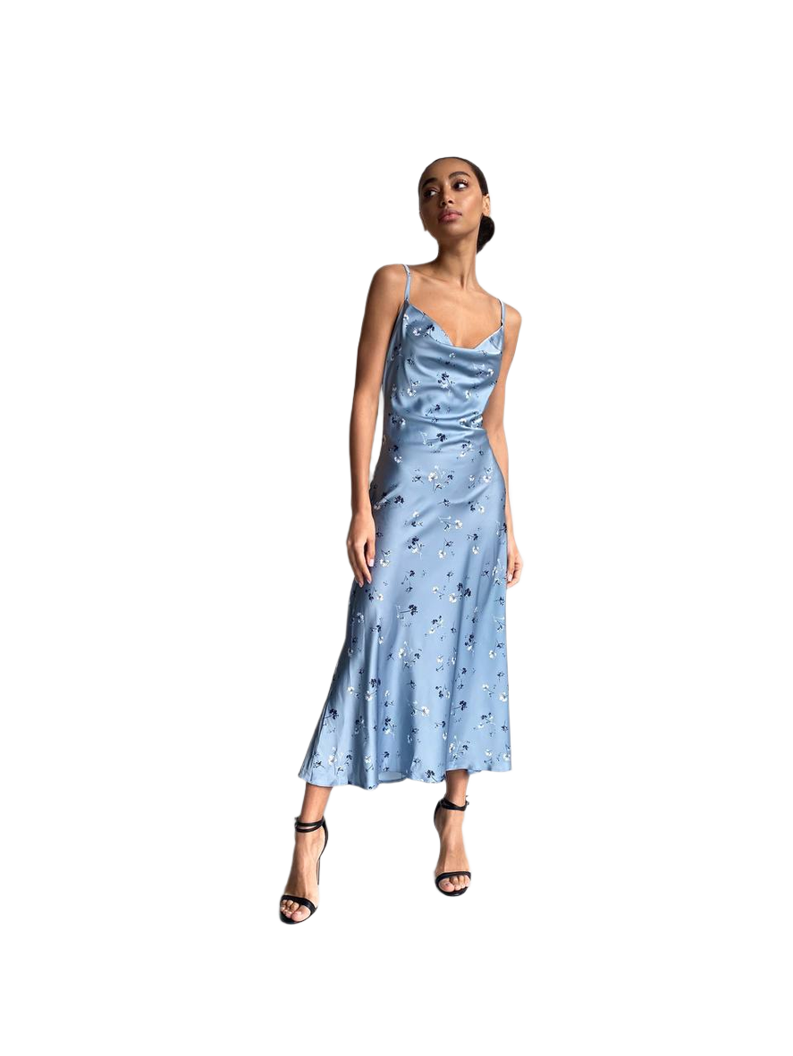 Silk Floral Print Midi Dress for Women Blue