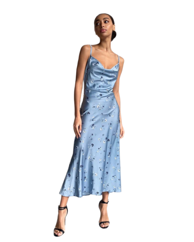 Silk Floral Print Midi Dress for Women Blue
