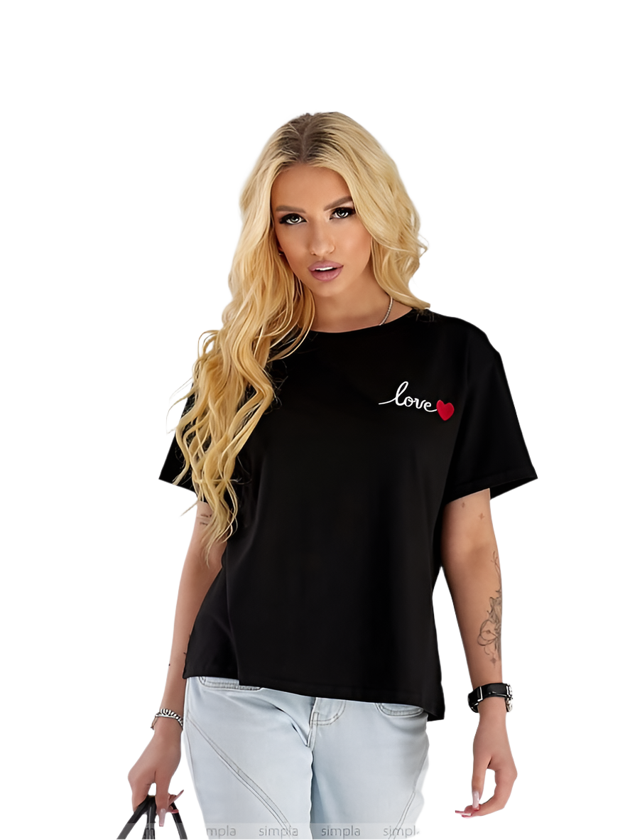 Black Womens T-Shirt with Cherry Embroidery Love Heart