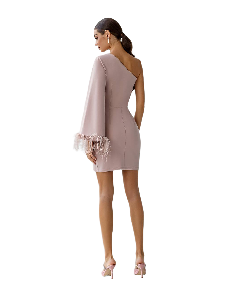 Woman wearing a one-shoulder dress with lace details on a white background