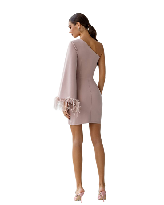 Woman wearing a one-shoulder dress with lace details on a white background